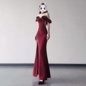 Elegant Birthday Party Dress Asymmetrical High Waist Fish Tail Gown One Shoulder Bridesmaid Dress Korean Style Long Skirt