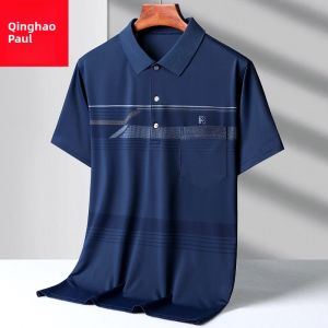 Loose Fit Ice Silk Short Sleeve Polo Shirt for Middle-Aged Men Business Casual Style Summer Breathable T-Shirt with Pocket