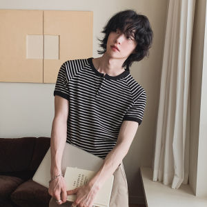 Ssumenam | Henley Collar Striped Korean Style Short Sleeve T-Shirt