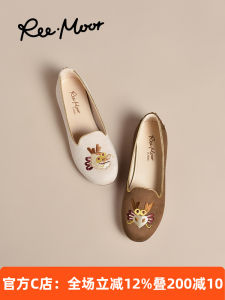 REEMOOR Embroidered Flat Shoes New Chinese Style Womens round Toe Soft Bottom Bean Bean Shoes Casual Comfortable Loafers