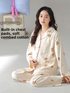 MiiOW | Pure Cotton Long Sleeve Maternity Nightgown Womens Nursing Sleepwear Comfortable Breathable Home Clothes Summer Season