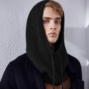 หมวกฤดูหนาวสำหรับผู้ชายหมวกไหมพรมมีเชือกผูกอบอุ่นมีหมวกไหมพรมผ้าพันคอมีเชือกผูกคอปกสีทึบถักหมวกแบบสวมหัว