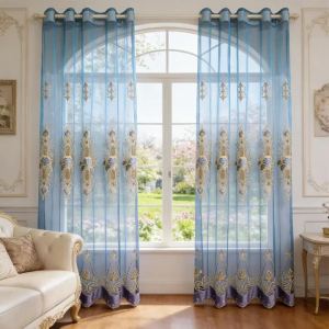2pcs Blue Embroidered Sheer Curtains European Grommet Voile Drapes Light‑Filtering for Bedroom Living Room