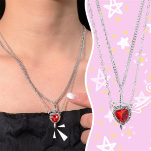 2ชิ้นลูกศรพังค์โกธิคทะลุหัวใจสร้างสรรค์สีแสดสร้อยคอคู่รักพลอยเทียมสีแดงหัวใจสร้อยคอกริชเพื่อนวันวาเลนไทน์ของขวัญ