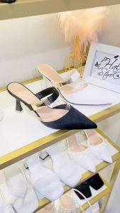 Guốc sục tag đồng 7cm HALEY STORE trắng đen bít mũi quai đính đá trong tiểu thư cô dâu đi tiệc đi làm êm chân dễ mang