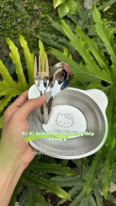 Bộ Bát Ăn Dặm Hình Mèo Kèm Thìa Và Dĩa Cho Bé Chất Liệu Inox 316 Dày Dặn An Toàn Cho Bé