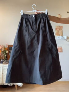 Black High Waist Drawstring Work Skirt Women plus Size Belly Covering A-Line Midi Skirt Pear Shape Body Slimming Umbrella Skirt