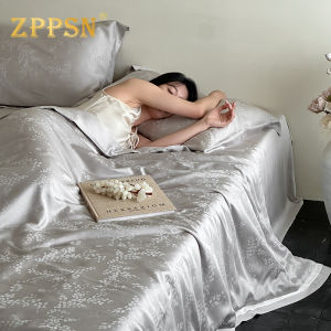 Bộ Chăn Ga Gối Tencel Mát Mẻ 4 Món Cao Cấp Hoa Văn Jacquard Có Thể Giặt Máy