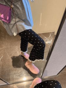 กางเกงลำลองผู้หญิงเอวสูง ทรงขาบาน ลายจุด ขอบลูกไม้ ยืดหยุ่นสูง กางเกงขายาวทรงตรง สไตล์เกาหลี ฤดูใบไม้ร่วง 2024