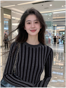 HUOLISI | French Style Stripe Trim Knitted Sweater Women Autumn Winter Fitted Top