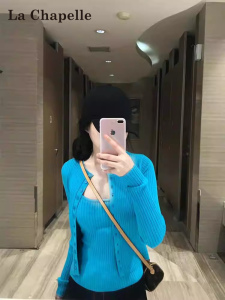 La Chapelle Korean Style Knitted Wrap Cardigan Womens Spring Autumn Blue Sweet And Spicy Girl Set Two Piece Suit