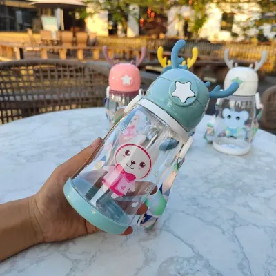 Summer Baby Gift Large Capacity Plastic Straw Cup Cartoon Deer Antler Cup Portable Water Bottle for Students Handy Plastic Cup