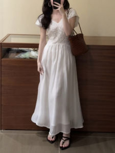 VKSOD | French Elegant White Lace Bubble Sleeve Dress Women Summer Beautiful Gentle Fairy Skirt High Waist Zipper A-Line Long Dress