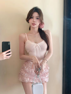 GUZILIAN | Pure Desire Sweet Spicy Short Lace Tight Womens Camisole Top Korean Style Butterfly Knot Strap Vest Base Shirt Inner Wear