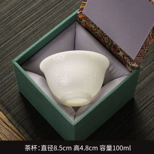 Handcrafted Ceramic Gongfu Tea Cup Puer Ice Jade Relief Single Cup Tea Drinking Bowl Gift Box Dehua Origin Simple Chinese Style
