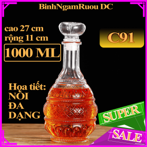 C53 Chai Đựng Rượu Thủy Tinh Dáng Chai Tròn Họa Tiết Nổi Nắp Thủy Tinh Sang Trọng - Cao Cấp 1000ml - Đẹp Cao Cấp - Nắp Kín Thủy Tinh Trong - Quà Biếu Sang Trọng