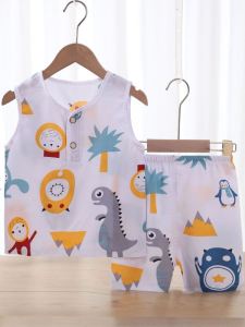 Baby Boy Summer Outfit Set Silk Thin Cotton Vest And Pants Casual Cartoon Print Comfortable Breathable Clothing for Infants
