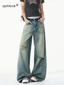 QOTRIOCK | Vintage Cat-scratch Distressed Denim Trousers