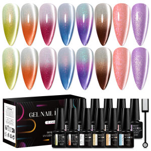 MEET ACROSS 12pcs Gel Nail Polish with 1pcs Magnetic Stick Thermal Glitter Cat Magnetic Base Top Coat & Nail Primer Dehydrator