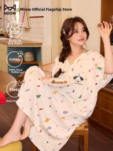 MiiOW | Cotton Womens Sleep Dress with Built-in Bra Pads Cartoon Relaxation Style