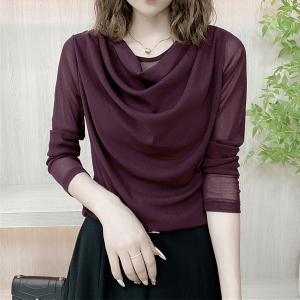 Fashionable V-Neck Long Sleeve Mesh Shirt for Middle-Aged Women New Cross Style Slimming Design Autumn Small Shirt Pure Color