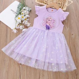 Elsa Princess Short Sleeve Dress Sparkling Fly Sleeve Cute Childrens Summer Clothing Soft Cotton Polyester Polo Skirt for Girls