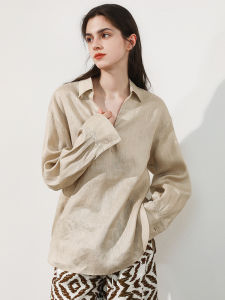 Miccbeirn | Elegant Pure Linen Embroidered Shirt V-Neck Long Sleeve Womens Top Fashionable Slimming Solid Color Versatile Commute Wear