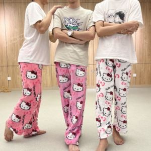 KT Cat Kitty Pajamas Black Anime Flannel Women Warm Woolen Whitecartoon Casual Home Pants Autumn Fashion Trousers Gifts