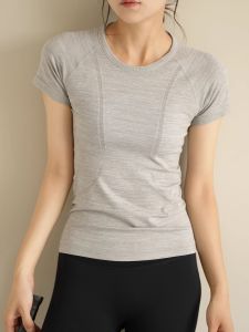 เสื้อยืดผู้หญิงออกกำลังกายแบบยืดหยุ่น แขนสั้น ทรงสลิมฟิต ฤดูร้อน วัสดุโพลีเอสเตอร์ ไนลอน ยืดหยุ่น ลำลอง สีพื้น