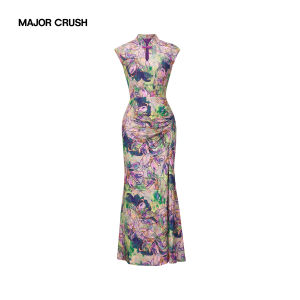 New Chinese Style Vintage Print High Slit Sleeveless Mandarin Collar Slim Fit Long Dress