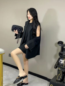 Áo Vest Đen Thời Trang Nữ Tay Ngắn Váy Ngắn Hai Mảnh Cotton Cài Nút Mùa Thu 2024 Áo Vest Nữ Thời Trang