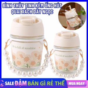 Bình Nước Thủy Tinh Có Vỏ Da 350ml Kèm Ống Hút Quai Xách Dây Ngọc Chịu Nhiệt - Chai  Ly  Cốc Đựng Nước Cute