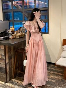 Summer 2025 plus Size French Style Dress One Shoulder Blouse Neck Long Holiday Skirt Pink Polyester Fiber Gored Skirt Long Dress