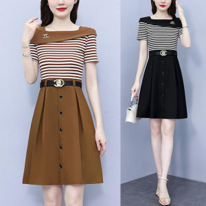 French Stripe Two-Piece Fashion Dress Stylish Slimming Waist Design Summer Celebrity Goddess Style Midi Skirt A-Line Dress
