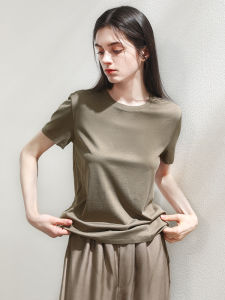 Miccbeirn | Silk Long Staple Cotton Serene Knitted T-Shirt Short Sleeve Womens Top Basic Versatile Casual Shoulder Fit Cool Breathable