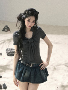 SHAOYEYAN | Butterfly Knot Design Korean Style Straight Shoulder Short Sleeve V-Neck Tee