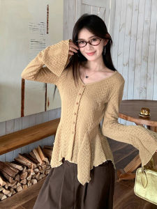 XUECAIQI | Elegant Autumn Slimming Set French Flare Sleeve Knit Top Wide Leg Pants