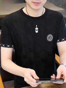 HENGYUANXIANG | เสื้อยืดแขนสั้นผ้าไหมน้ำแข็งสำหรับผู้ชาย ทรงหลวม คอกลม แฟชั่นฤดูร้อน ระบายอากาศได้ดี เสื้อยืดผู้ชาย ทรงหลวม