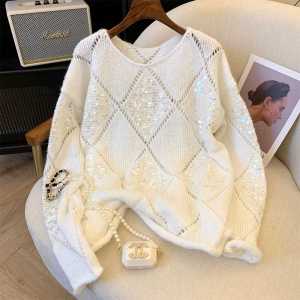 Elegant Oversized Glitter Sweater Womens Spring 2025 Fashion Lazy Style Knitted Pullover Sweet Style round Neck Regular Length