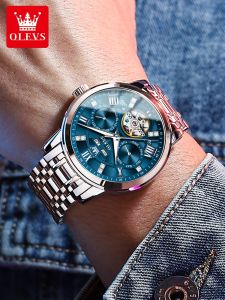 Automatic Mechanical Mens Watch Luminous Hollow out Waterproof Business Watch with Calendar And Week Display Olevs 6701