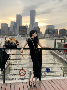 Dangdang Xijiangyue Velvet Shirt Design Hollow out Shoulder Sleeve Qipao Dress Womens New Chinese Style Long Summer Dress