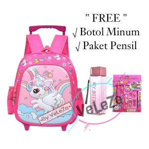 Tas ransel troli anak perempuan PAUD TK motif unicorn pelangi free gift botol minum dan paket pensil tas sekolah tas anak tas ransel troli