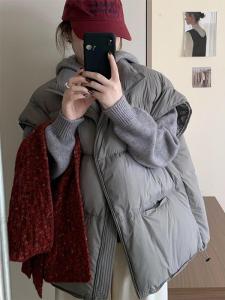 Womens Loose Thickened down Cotton Vest Autumn Winter New Style Korean Casual Warm Shoulder Pad Jacket Zipper Closure Solid Color