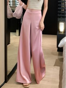 Fashionable High Waist Wide Leg Pants Womens Silk Satin Flared Casual Trousers Long Pants Thin Material Versatile Style