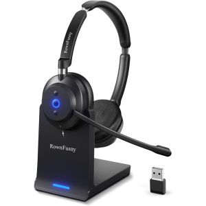 Rownfusny Wireless Headset for Work Bluetooth & USB Dongle Over Ear Headphones with Mic Noise Cancelling Mute for Call Center