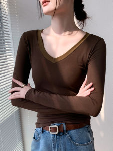 GEBEISHANG | Color Block V-Neck Long Sleeve T-Shirt Slim Fit