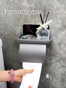 Toilet Paper Holder Punch-free Phone Storage Tray Bathroom Tissue Self Easy To Install Space Saving Wall-mounted Rustproof Tissue