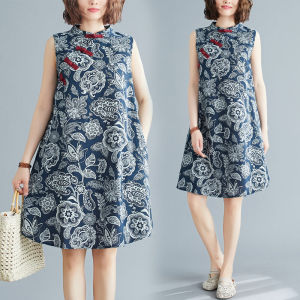 Artistic Stand Collar Sleeveless Midi Dress Chinese Style Reformed Cheongsam Large Size Floral Print Button Embellished A-Line Skirt