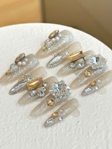 Handmade Full Drill Sparkling Long Wearable Nails Star And Colorful Diamond Glass Bead White Wedding Dress Nail Art Beauty