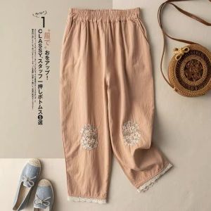 High Waist Cotton Linen Embroidered Casual Pants Womens Loose Slimming Ethnic Splicing Lace Trim Nine Points Pants